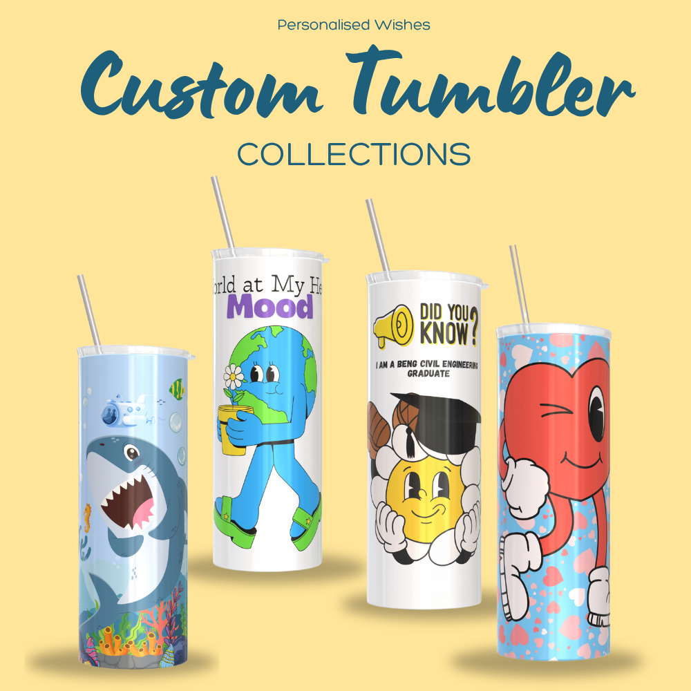 Personalised tumblers with custom printing, perfect for birthdays, gifts and special occasions.
