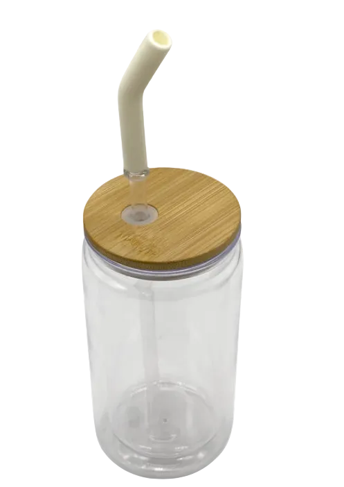 16oz clear double-wall glass mug with bamboo lid, custom name design and straw