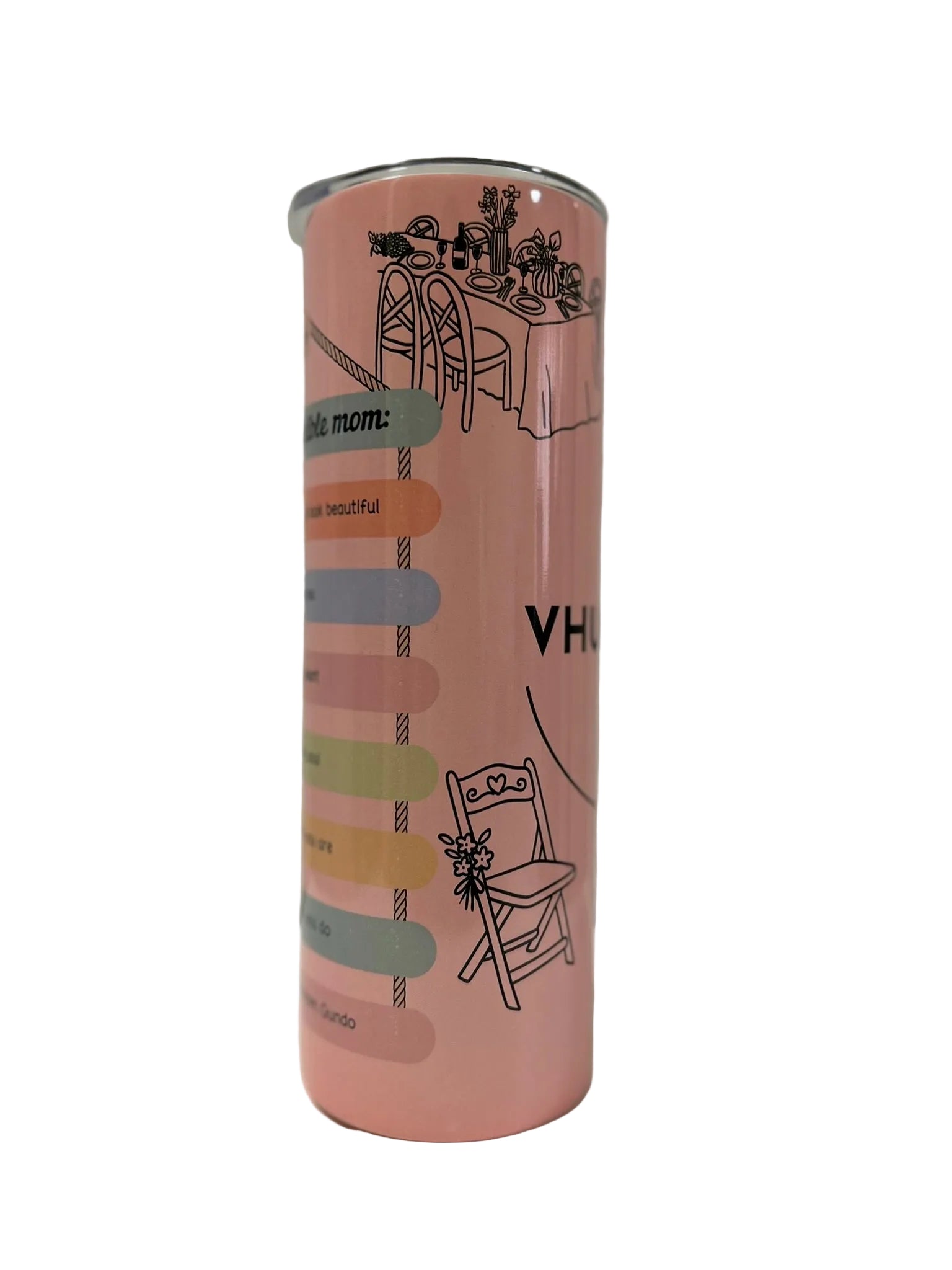 Custom personalised pink skinny tumbler with elegant full-wrap illustration design.