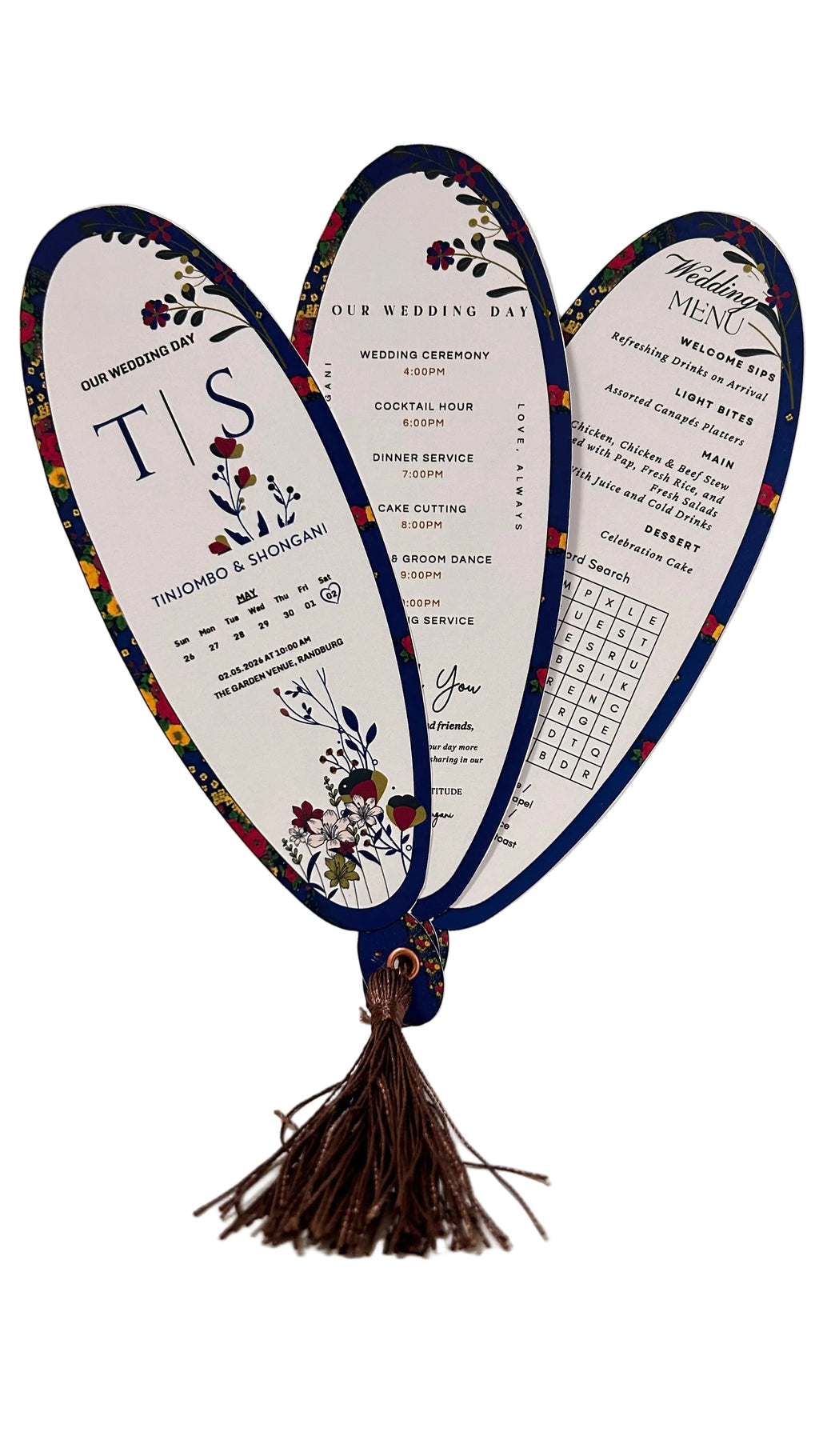Three oval wedding program cards with a dark blue border and floral illustrations, fanned out with a brown tassel at the bottom on a white background.