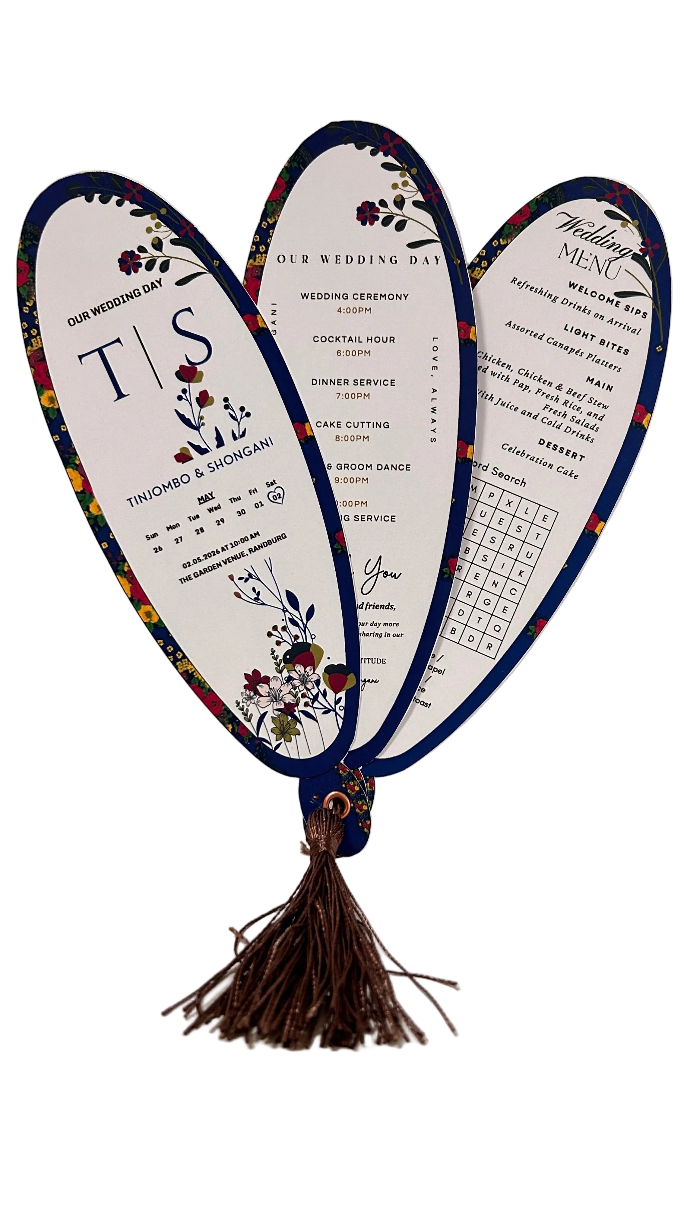 Three oval wedding program cards with a dark blue border and floral illustrations, fanned out with a brown tassel at the bottom on a white background.