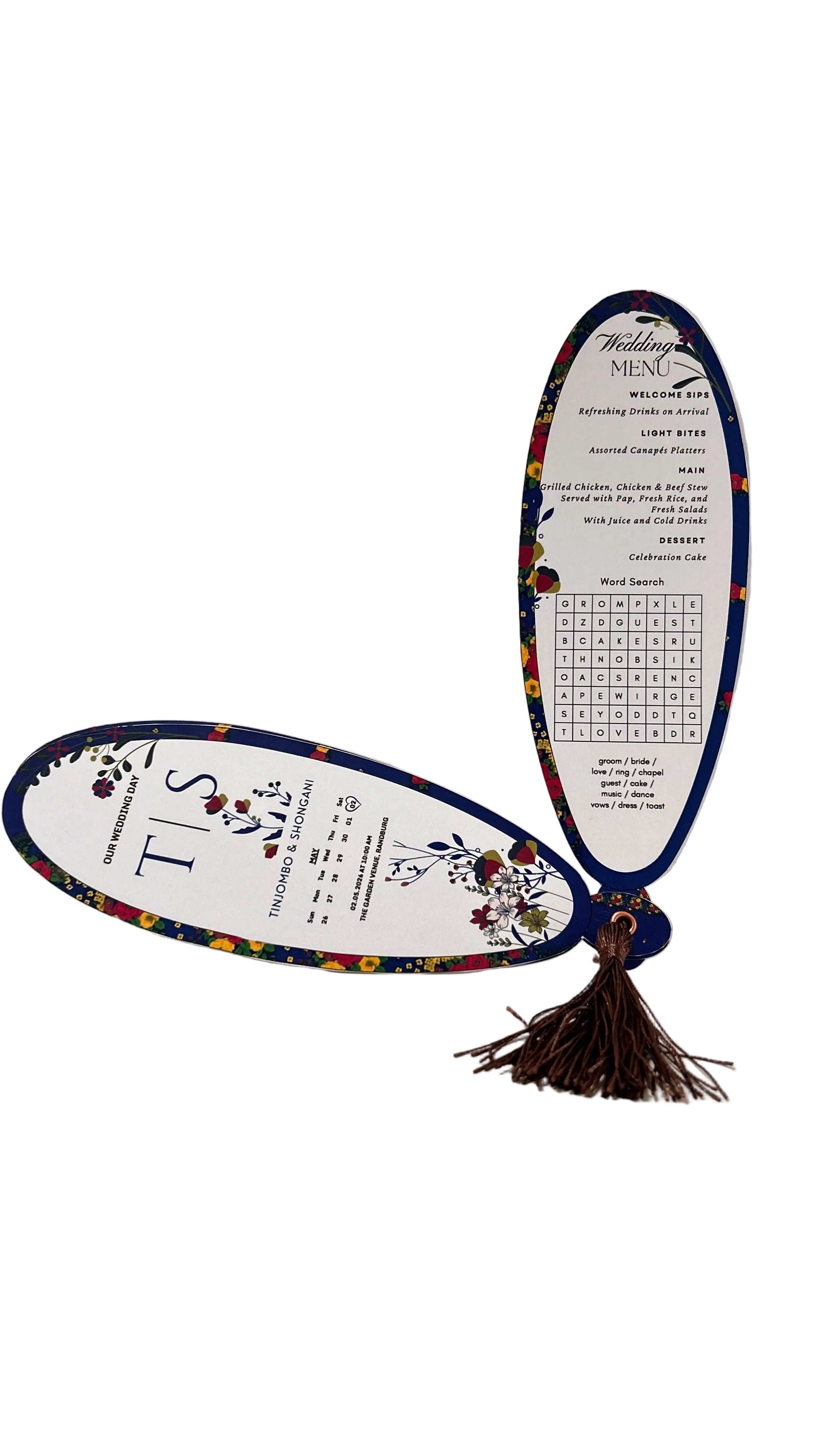 A decorative wedding menu card with a tassel, shown in two views: one flat displaying the dessert course and menu items, and one standing upright showing the main course details. The menu has a white background with blue borders, colorful floral accents, and a dark brown tassel.