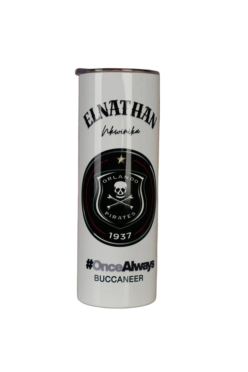 White Skinny Tumbler with black Orlando Pirates logo and name 