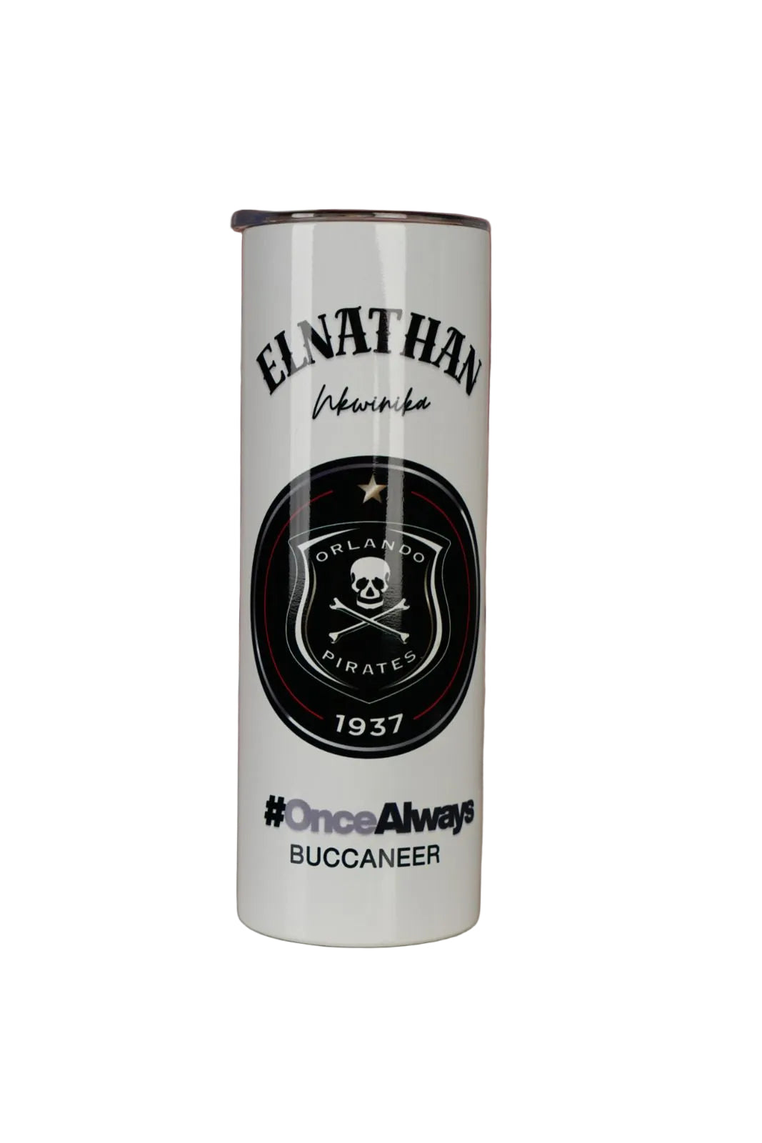 White Skinny Tumbler with black Orlando Pirates logo and name 