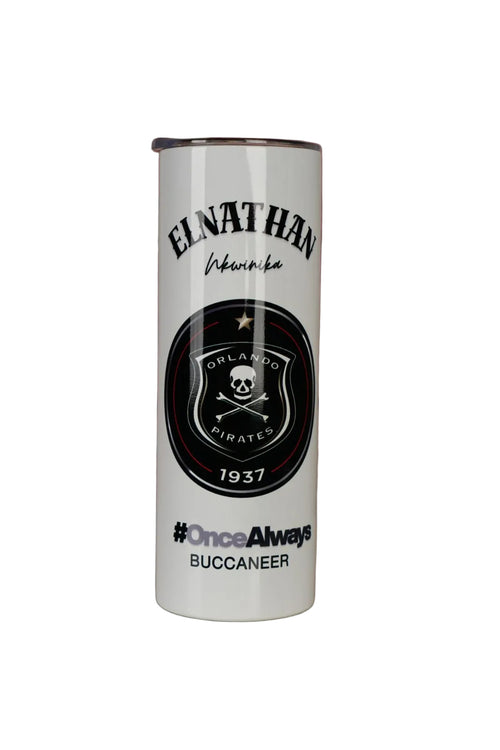 White Skinny Tumbler with black Orlando Pirates logo and name 