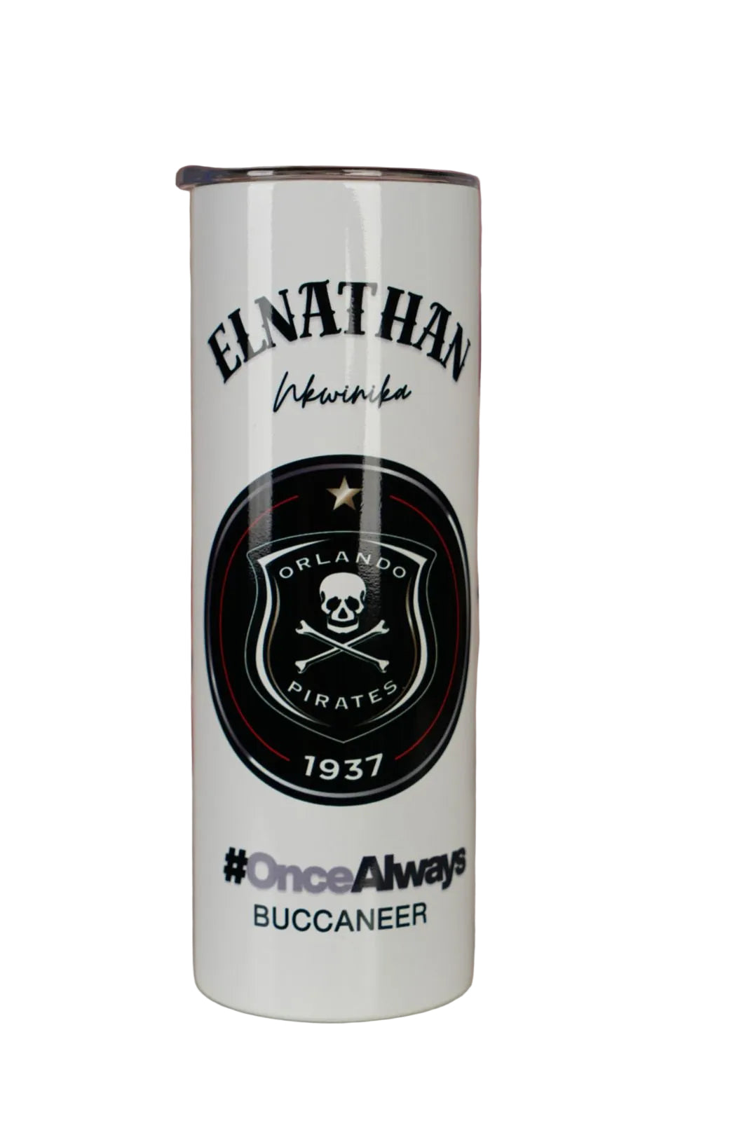 Tumbler with 'Custom name and Orlando Pirates logo' branding on a white background