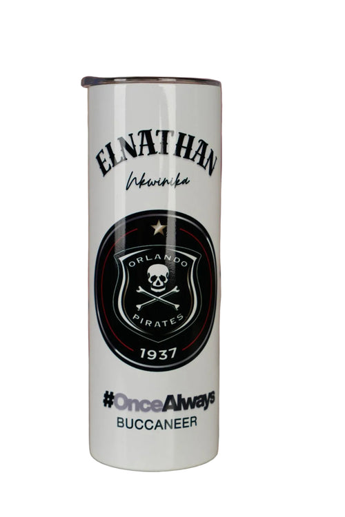 Tumbler with 'Custom name and Orlando Pirates logo' branding on a white background