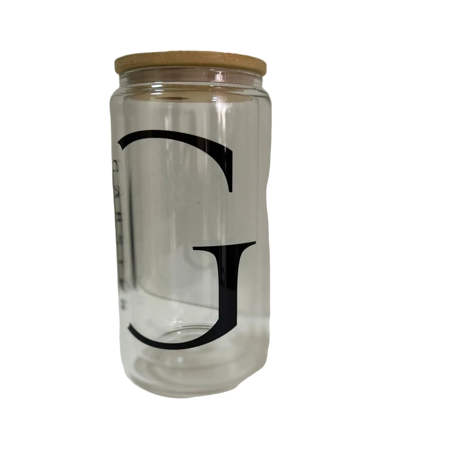 Premium personalised double wall glass mug with bamboo lid customised with your name, initials or logo.