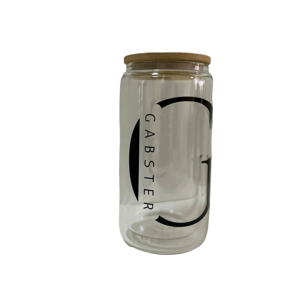 Premium personalised double wall glass mug with bamboo lid customised with your name, initials or logo. Front Right Side