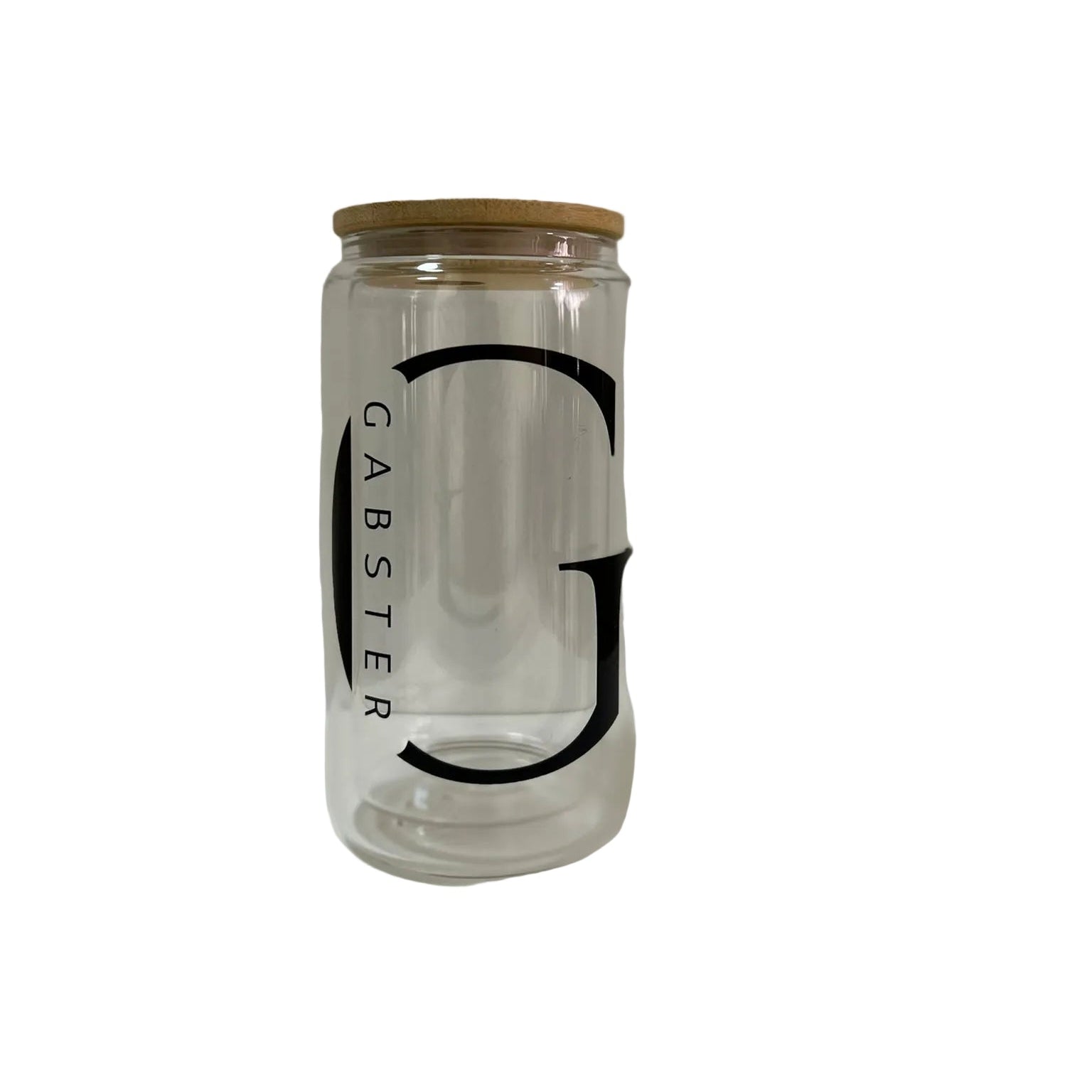 Personalised 16oz double wall glass mug with bamboo lid featuring a custom monogram letter G and personalised name, suitable for hot and cold beverages. Front Right