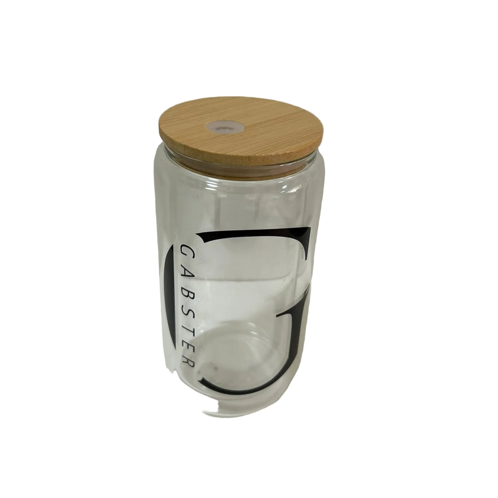 Premium personalised double wall glass mug with bamboo lid customised with your name, initials or logo. Top