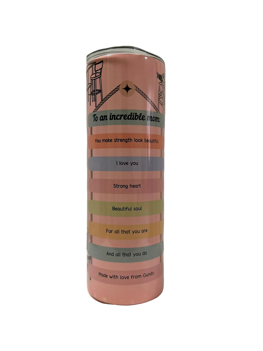 Personalised Mom tumbler with heartfelt affirmations and custom name printed on a pink 20oz stainless steel tumbler front