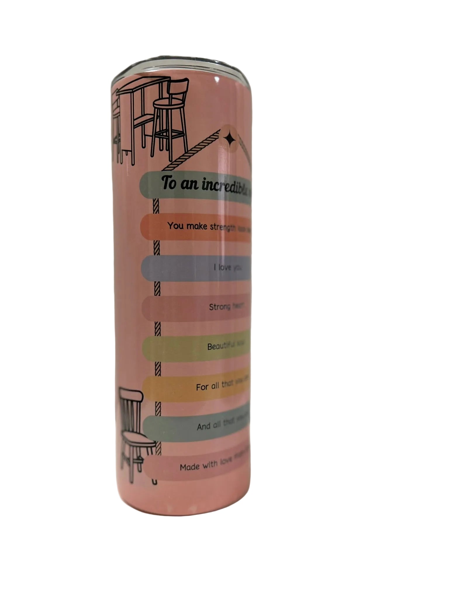 Personalised Mom tumbler with heartfelt affirmations and custom name printed on a pink 20oz stainless steel tumbler side