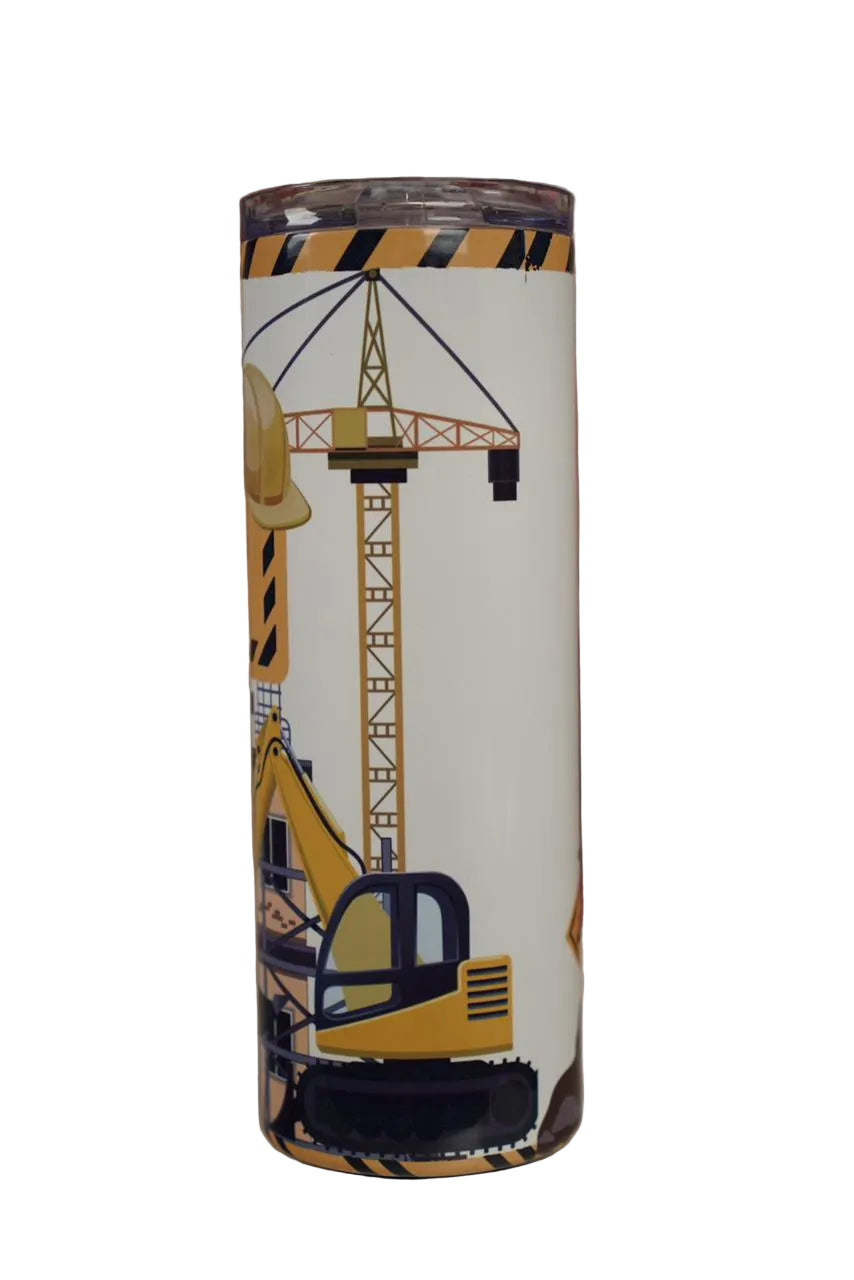 Custom construction-themed stainless steel tumbler with excavator, crane and personalised name design. Back-Side