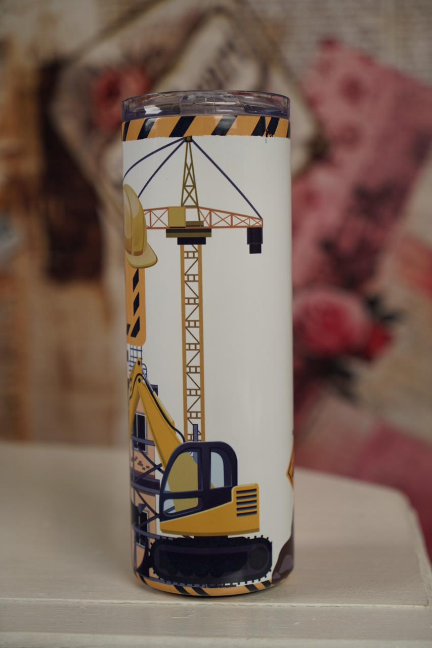 Custom construction-themed stainless steel tumbler with excavator, crane and personalised name design. Back-Side