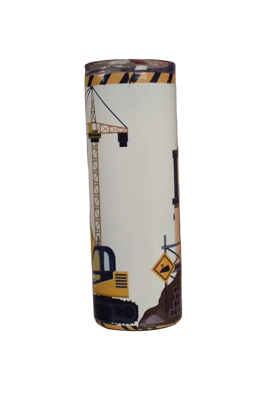 Back view of personalised construction worker tumbler displaying custom name on construction site themed design.