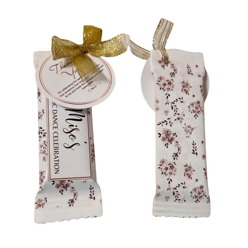 Custom-wrapped chocolate favours for weddings, birthdays and celebrations