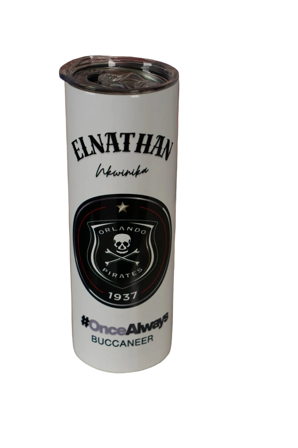 Tumbler with 'Custom name and Orlando Pirates logo' branding on a white background Front