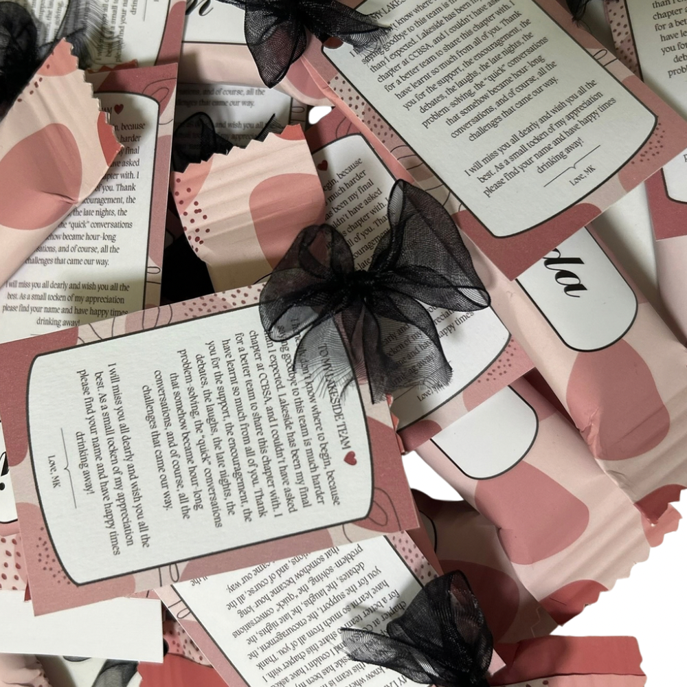 Personalised chocolate with a custom wrapper, decorative ribbon and message for special occasions bulk