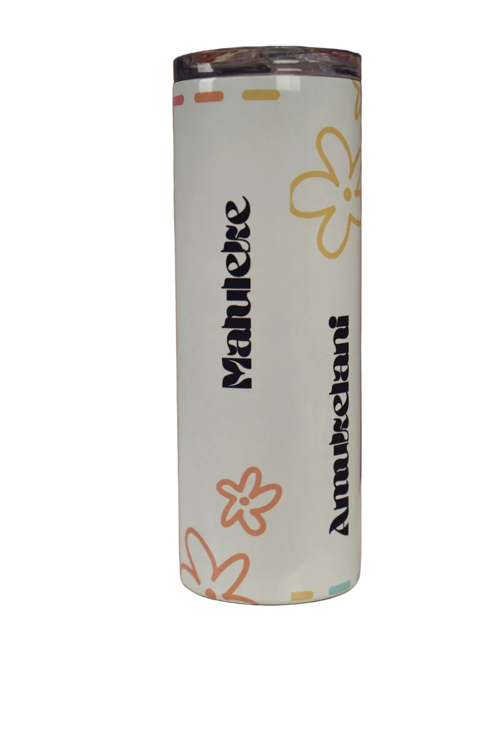 Back view of personalized Faith Over Fear skinny tumbler showing custom name design on white stainless steel travel mug. Back Side