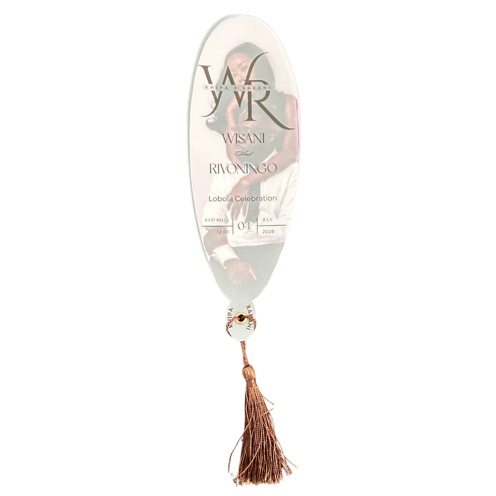 Luxury personalised lobola ceremony program with premium vellum cover and custom monogram.