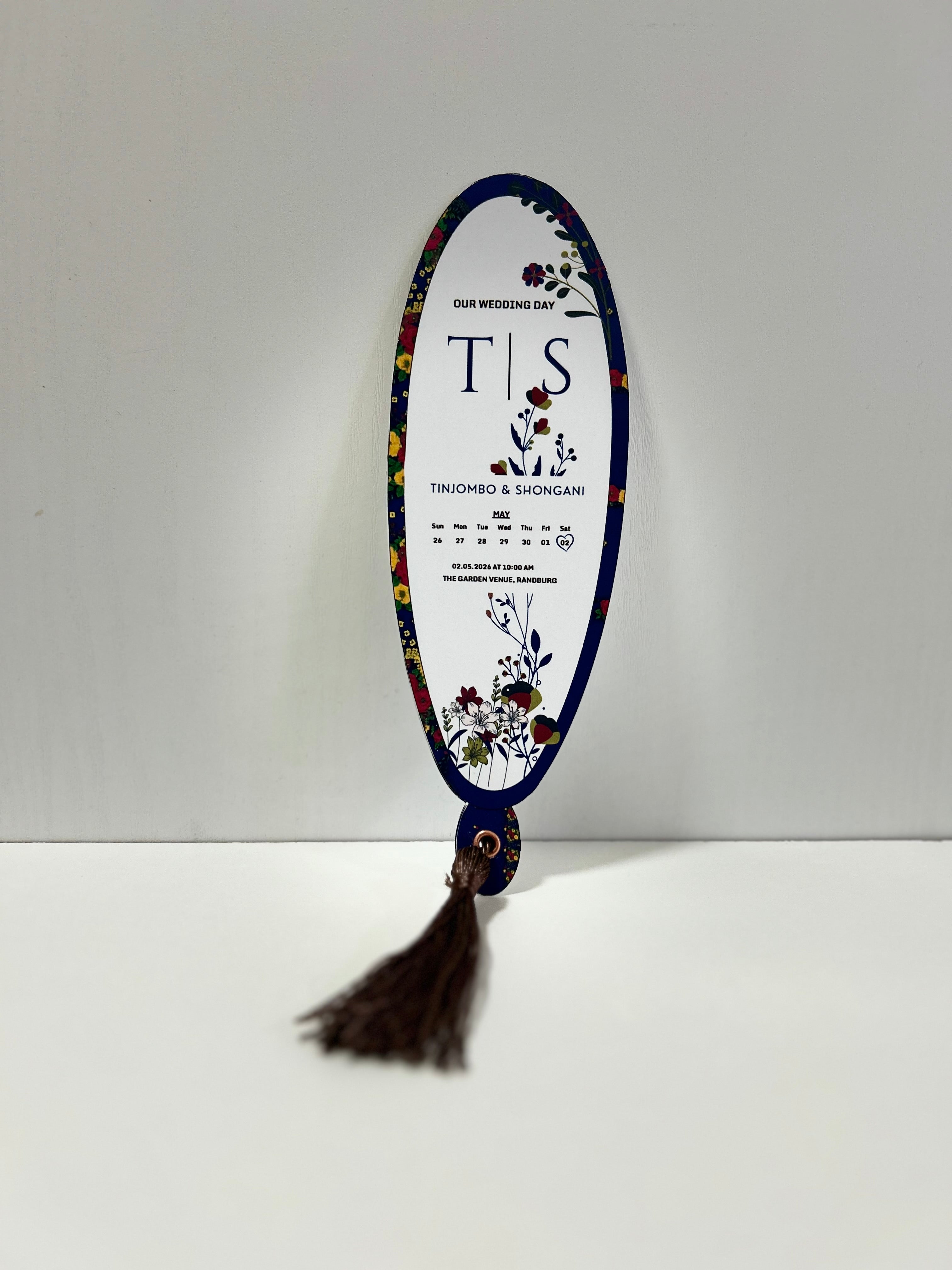 Luxury personalised wedding petal program fan with floral design and tassel in South Africa Front