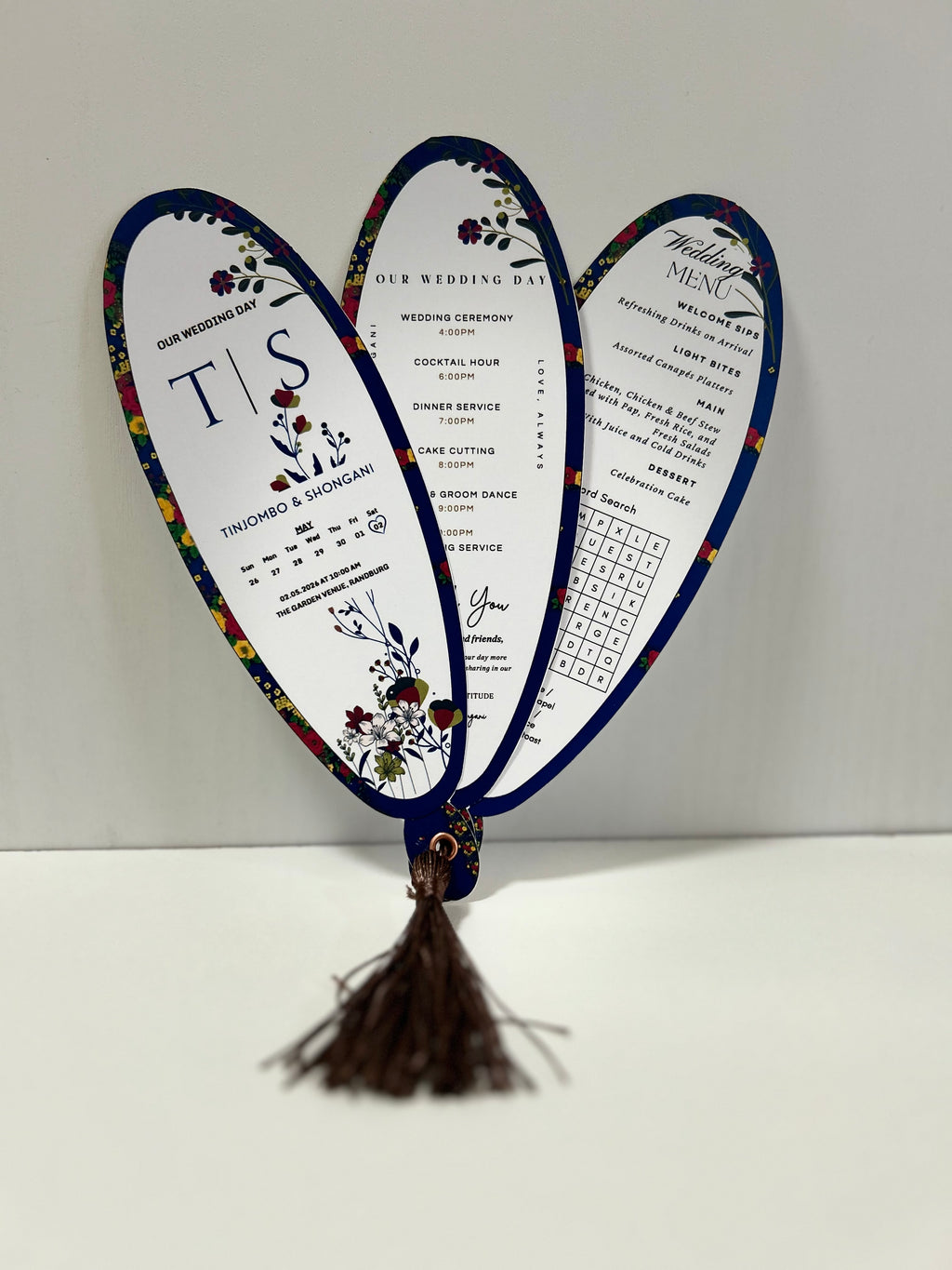 Luxury personalised wedding petal program fan with floral design and tassel in South Africa