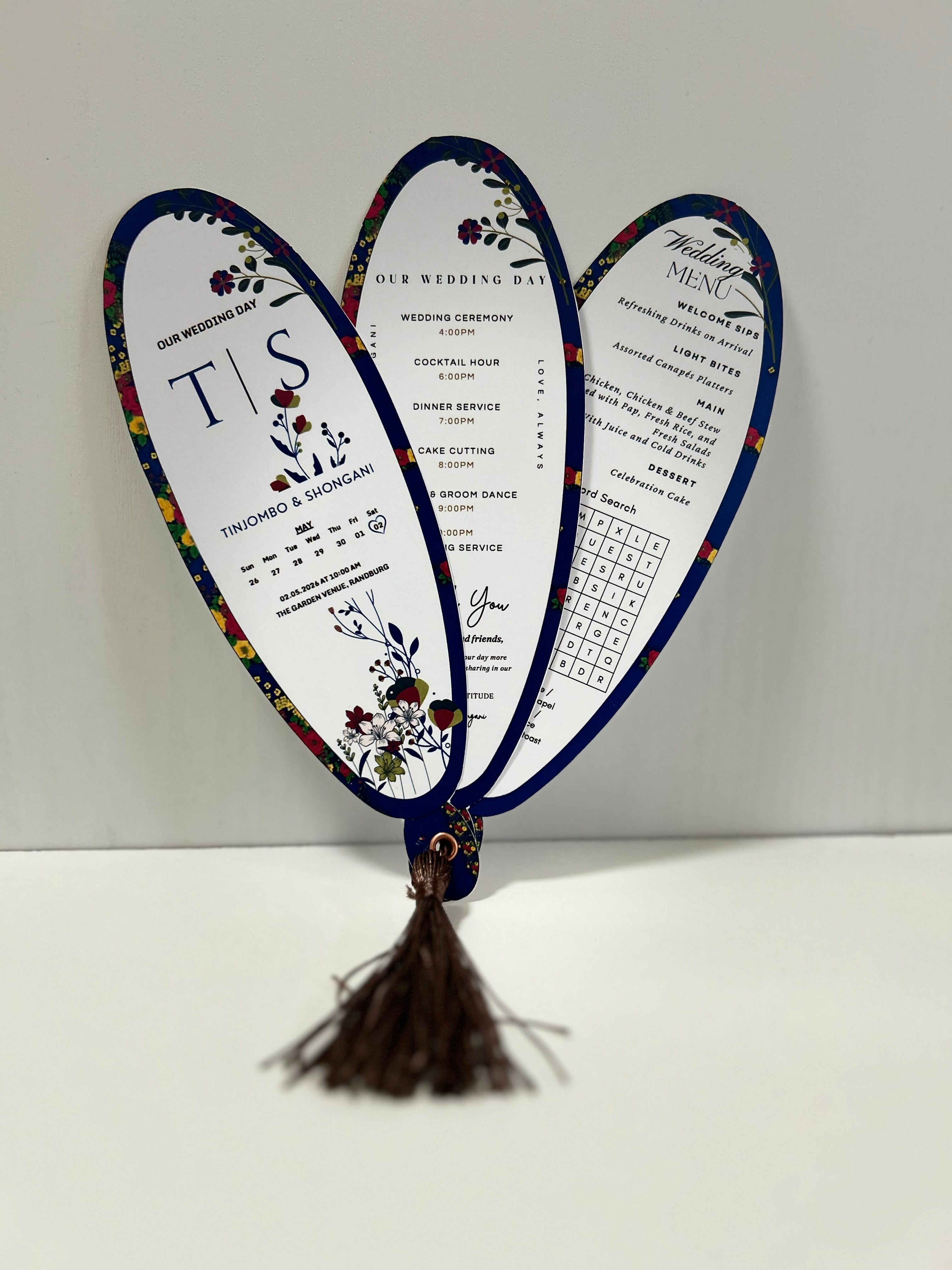 Luxury personalised wedding petal program fan with floral design and tassel in South Africa