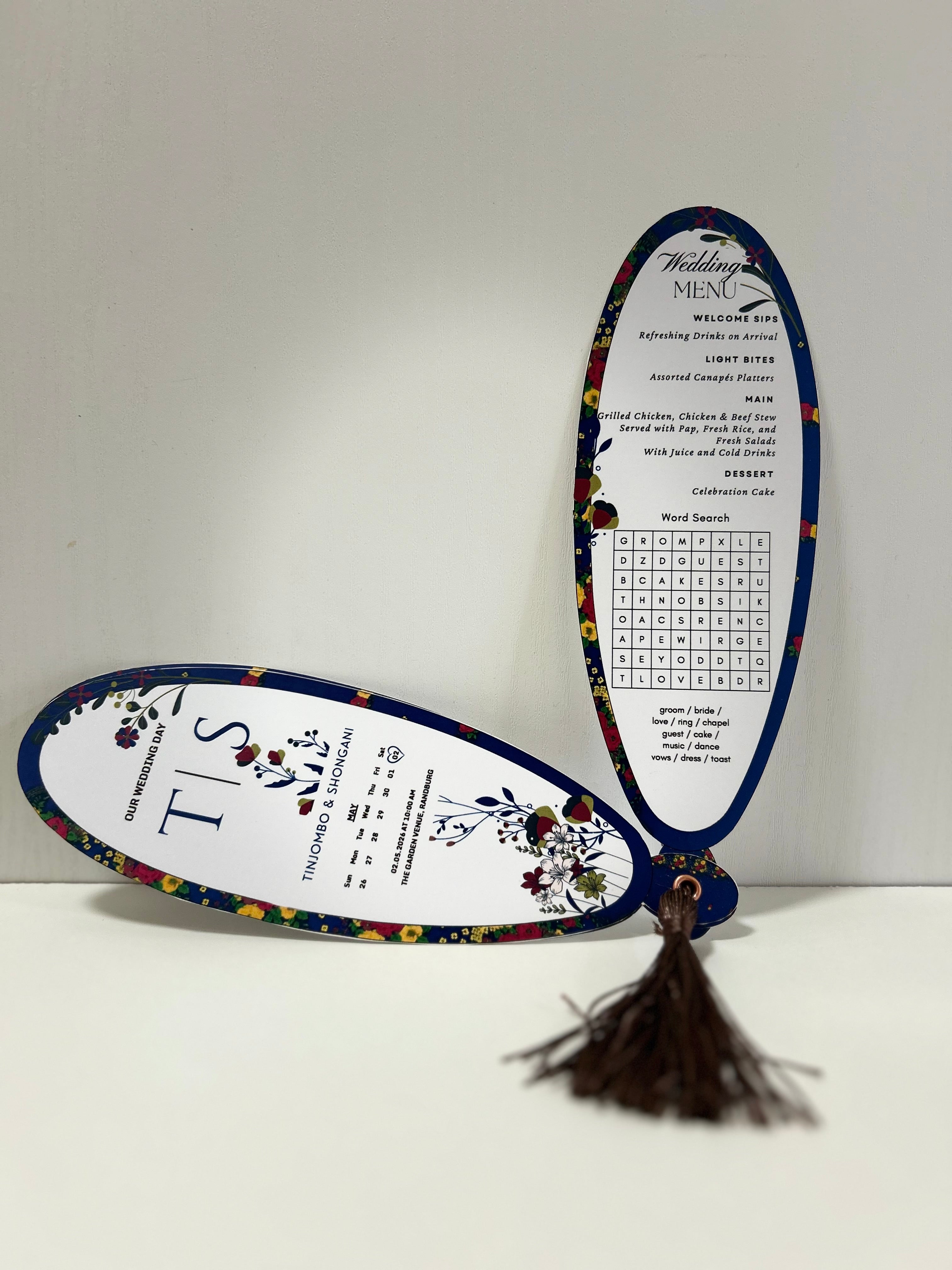 Luxury personalised wedding petal program fan with floral design and tassel in South Africa menu and crossword