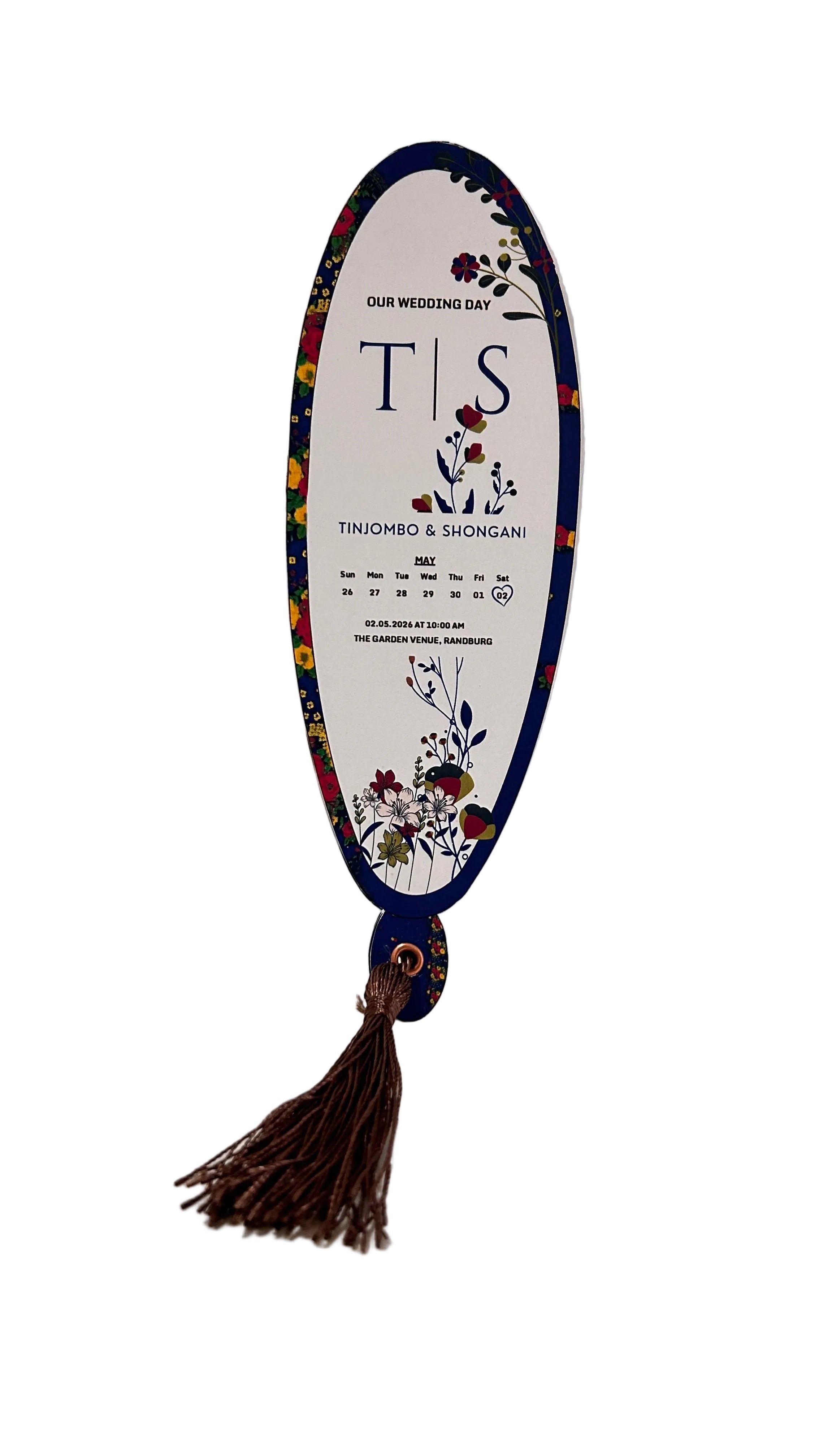 Luxury personalised wedding petal program fan with floral design and tassel in South Africa Front