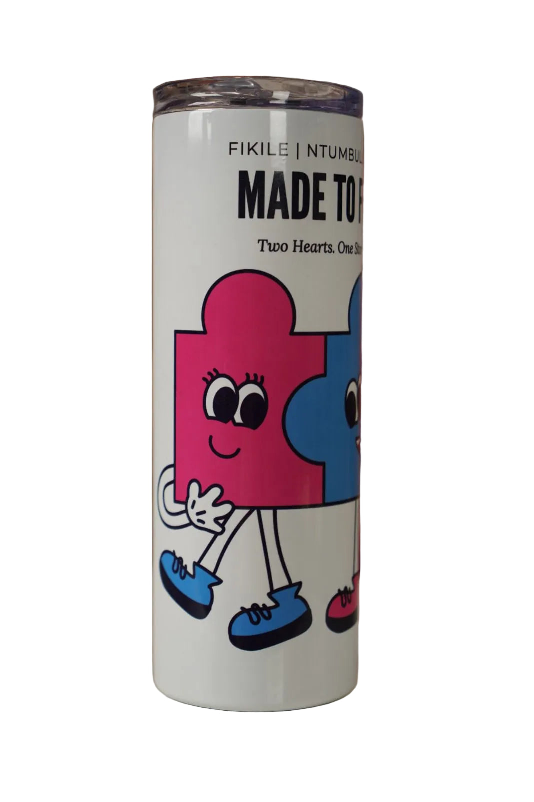 Personalised Name Tumbler with puzzle cartoon character design and text on a white background perfect for couple gifts