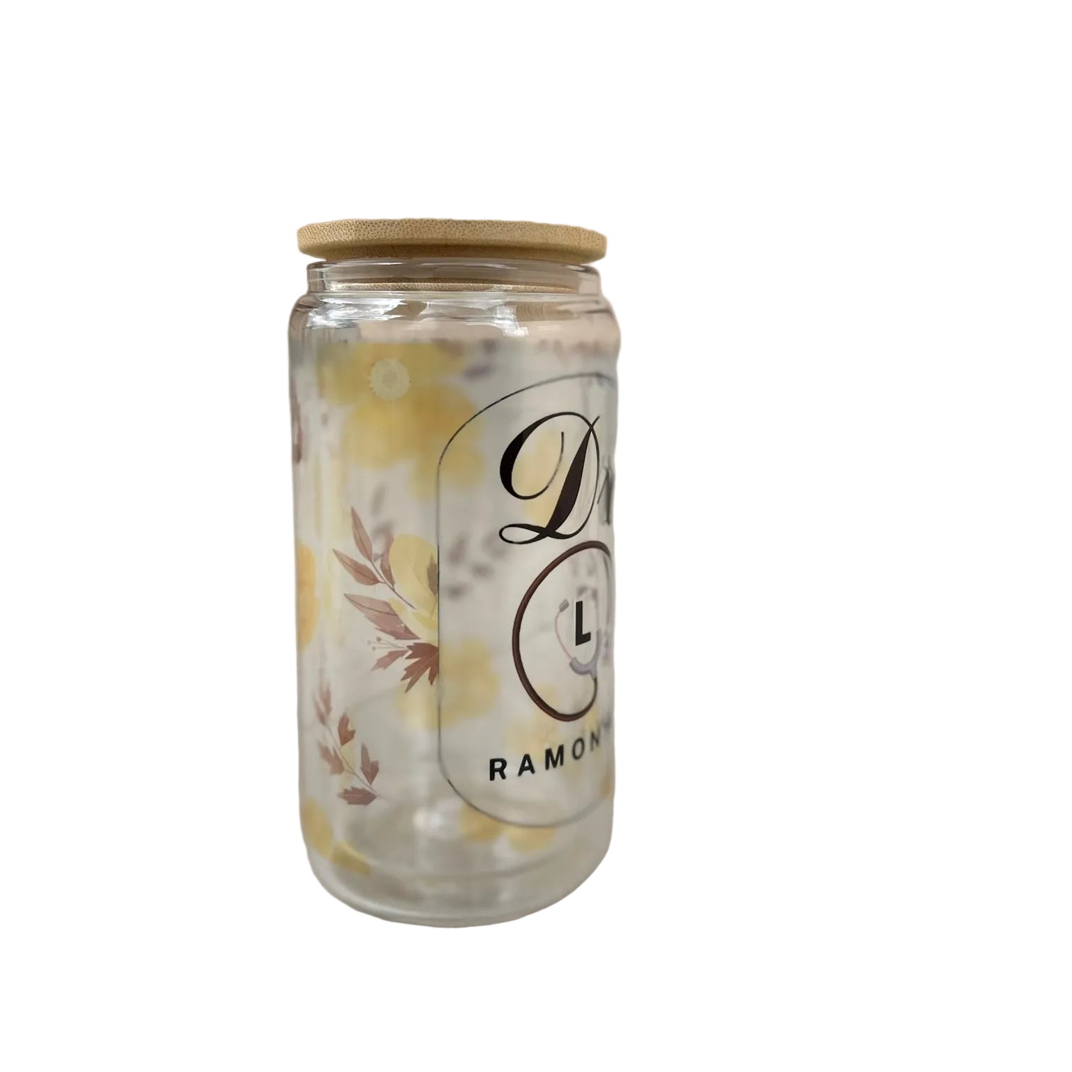 Personalised 16oz clear double-wall glass mug with bamboo lid, custom name design and straw left side