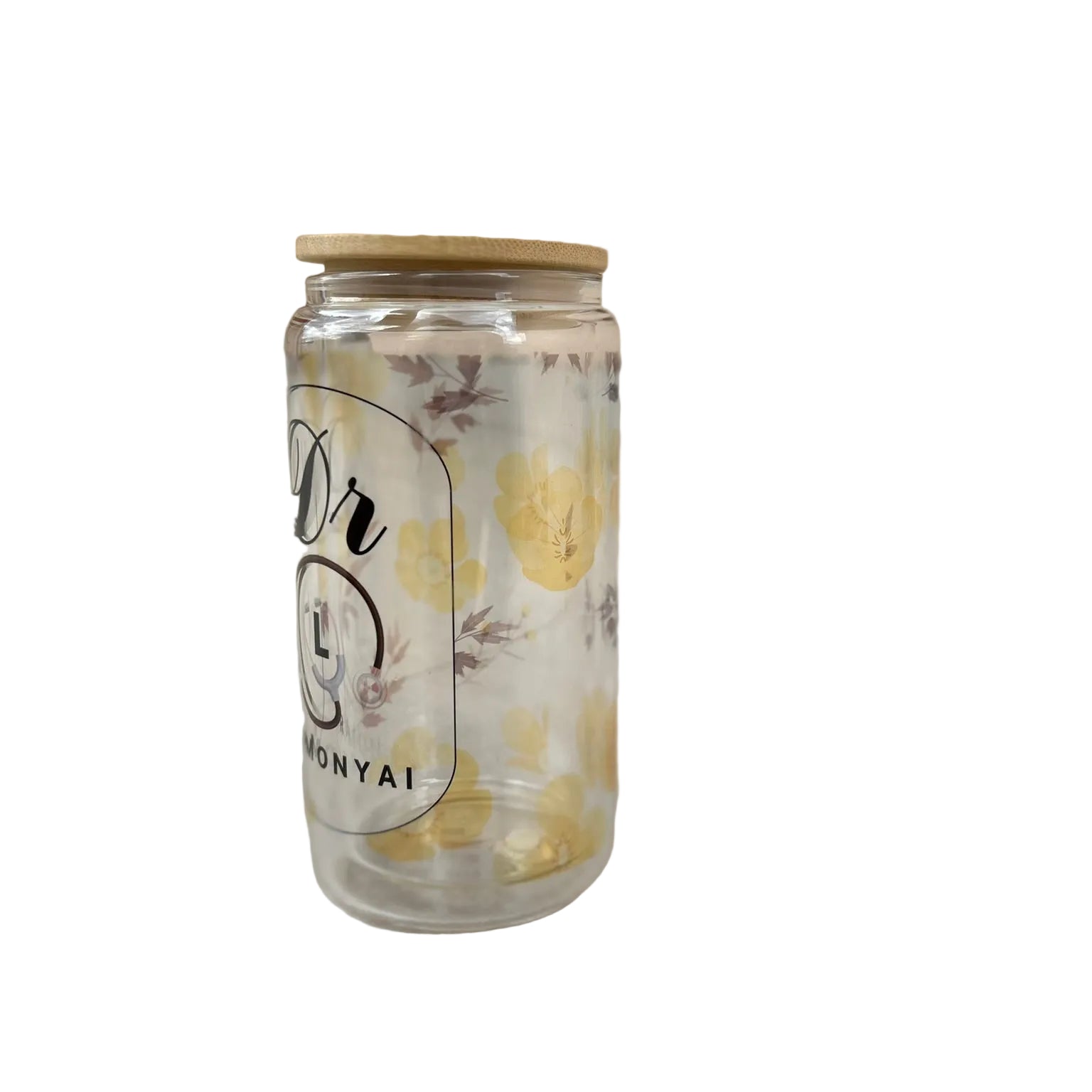 Personalised 16oz clear double-wall glass mug with bamboo lid, custom name design and straw right side