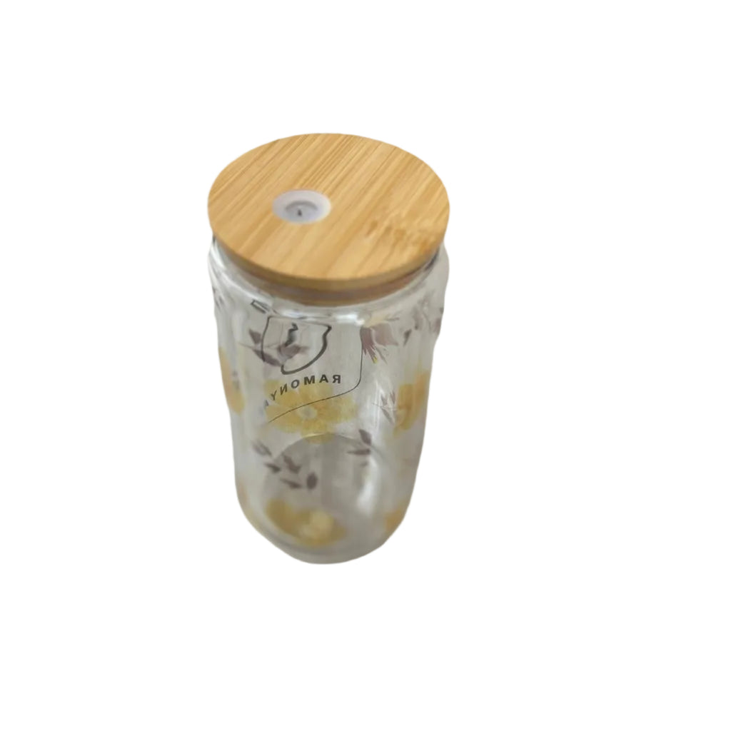 Personalised 16oz clear double-wall glass mug with bamboo lid, custom name design and straw top