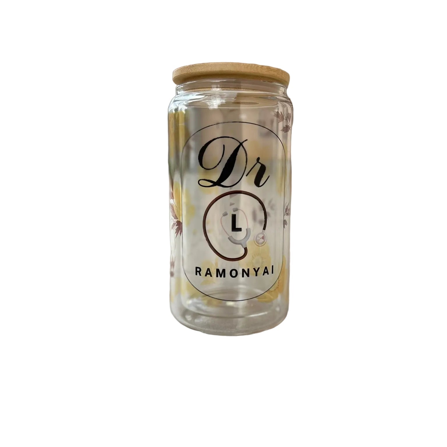 Personalised 16oz clear double-wall glass mug with bamboo lid, custom name design and straw front