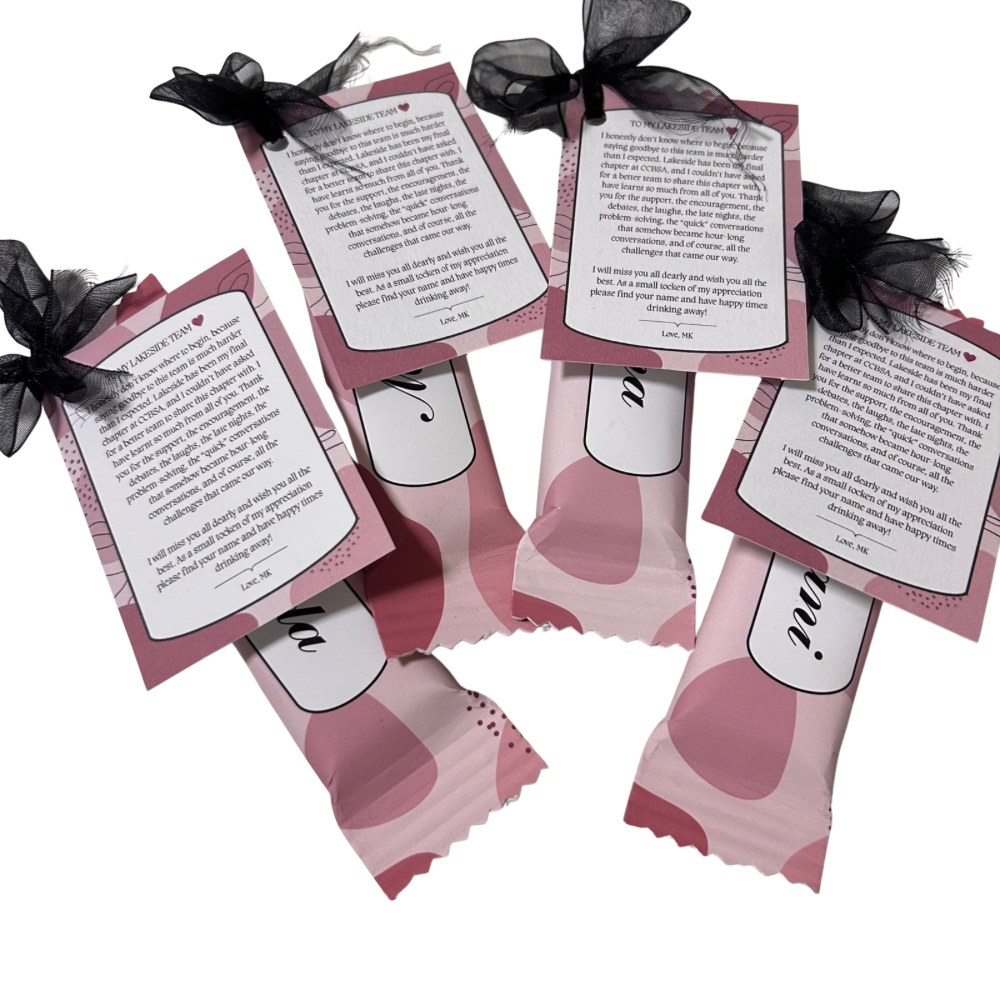 Personalised chocolate with a custom wrapper, decorative ribbon and message for special occasions front four in a row