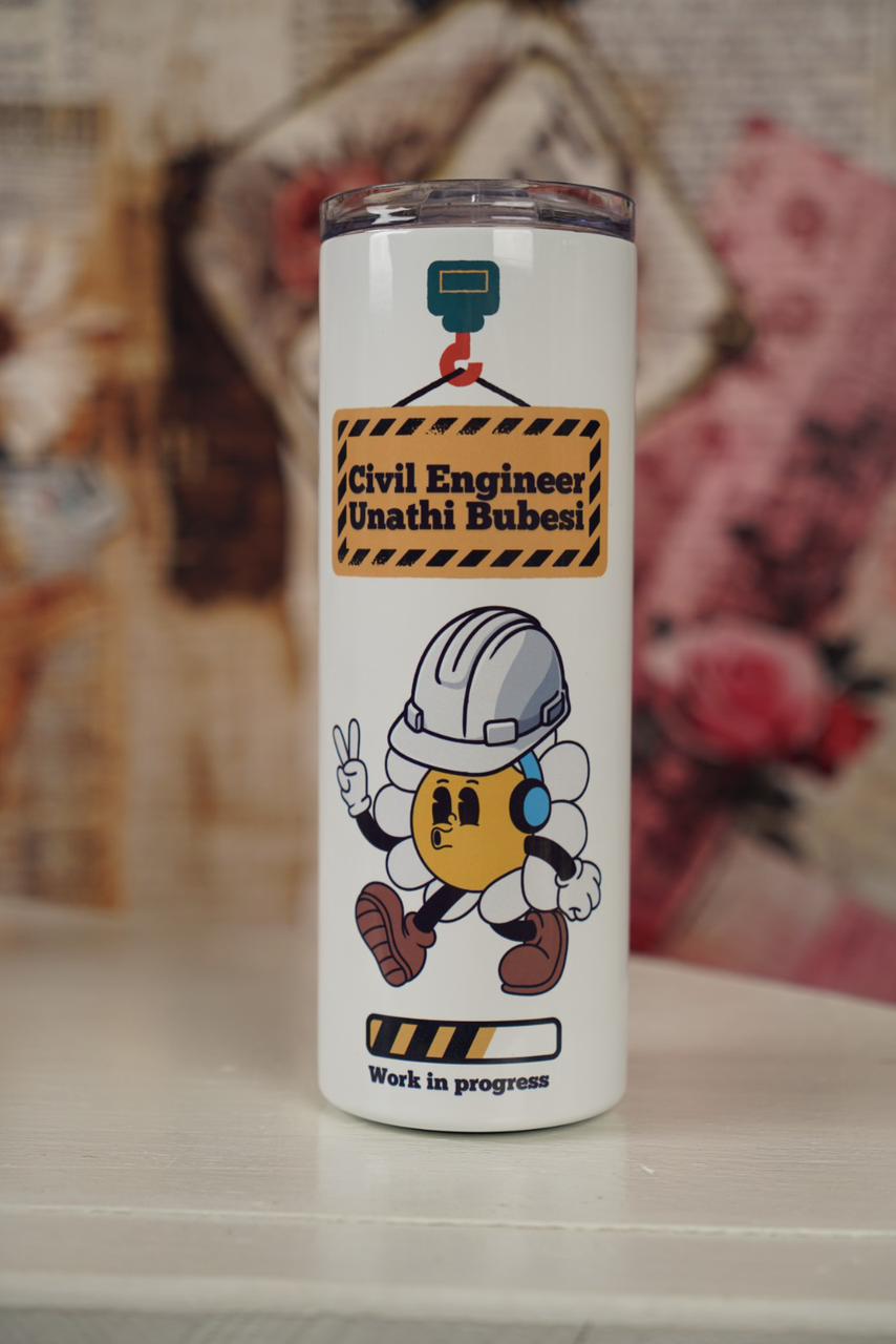 Personalised Civil Engineer skinny tumbler featuring hard hat design, work in progress graphic and custom name.