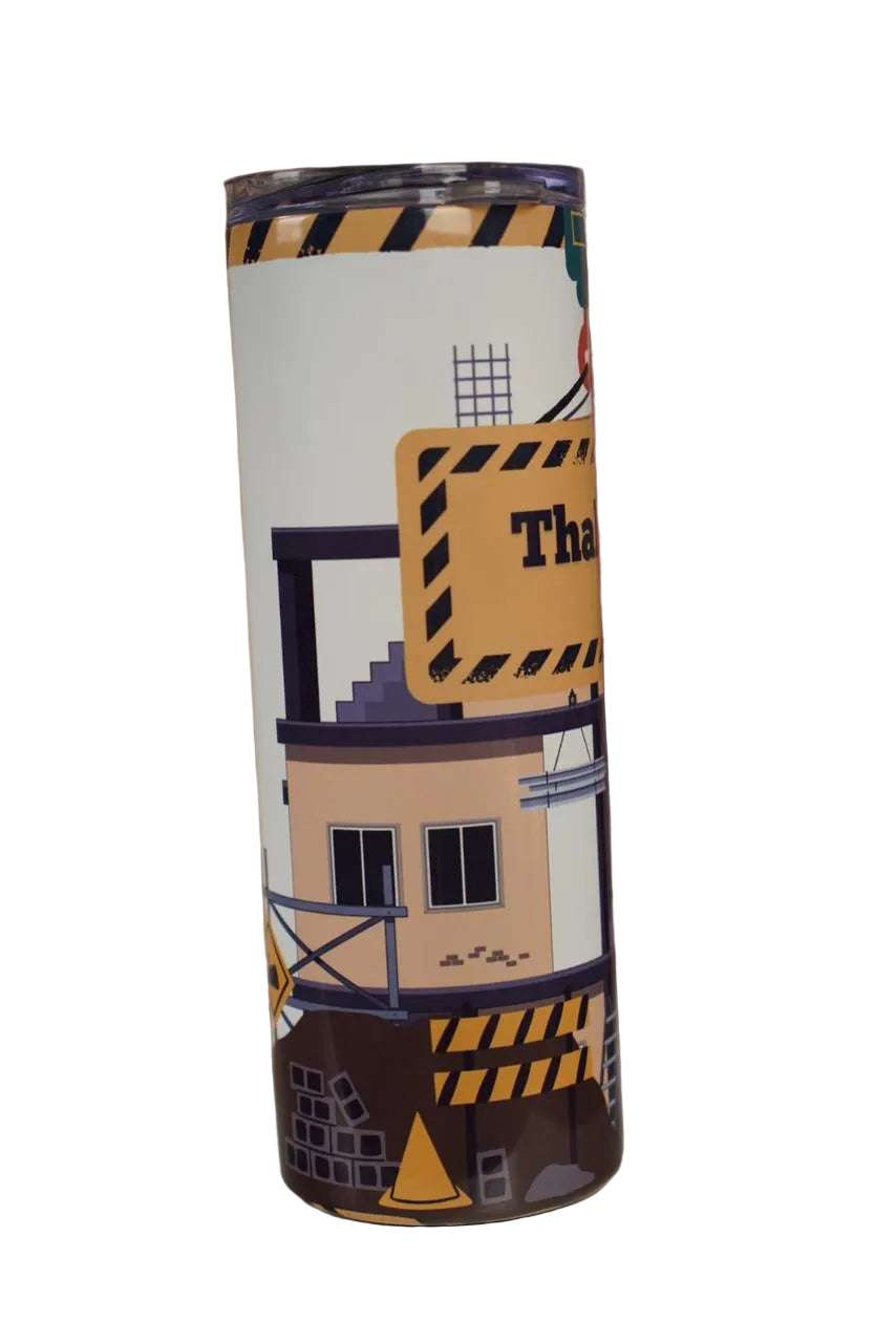 Custom construction-themed stainless steel tumbler with excavator, crane and personalised name design. Front Side