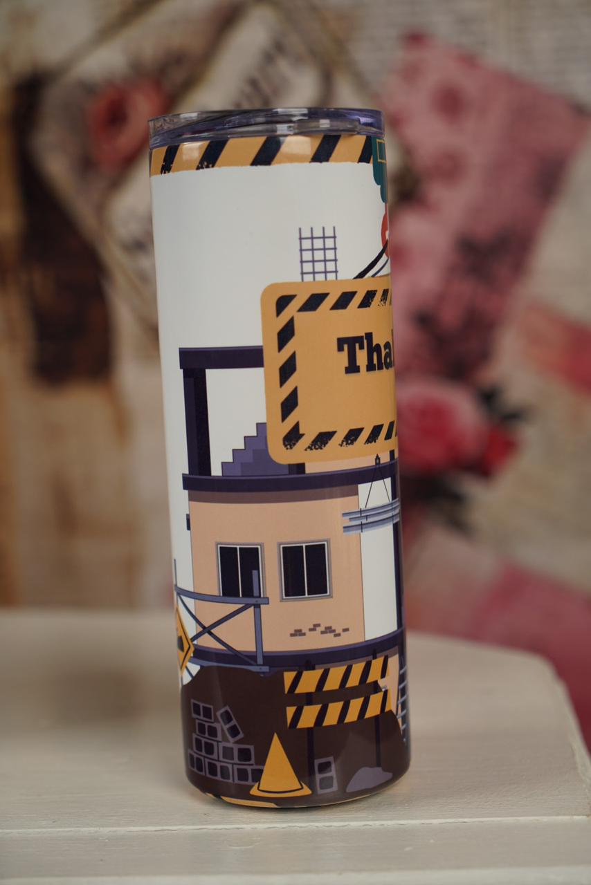 Custom construction-themed stainless steel tumbler with excavator, crane and personalised name design. Front Side