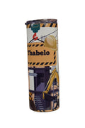 Personalised construction worker skinny tumbler featuring building site graphics, hard hat design and custom name. Front