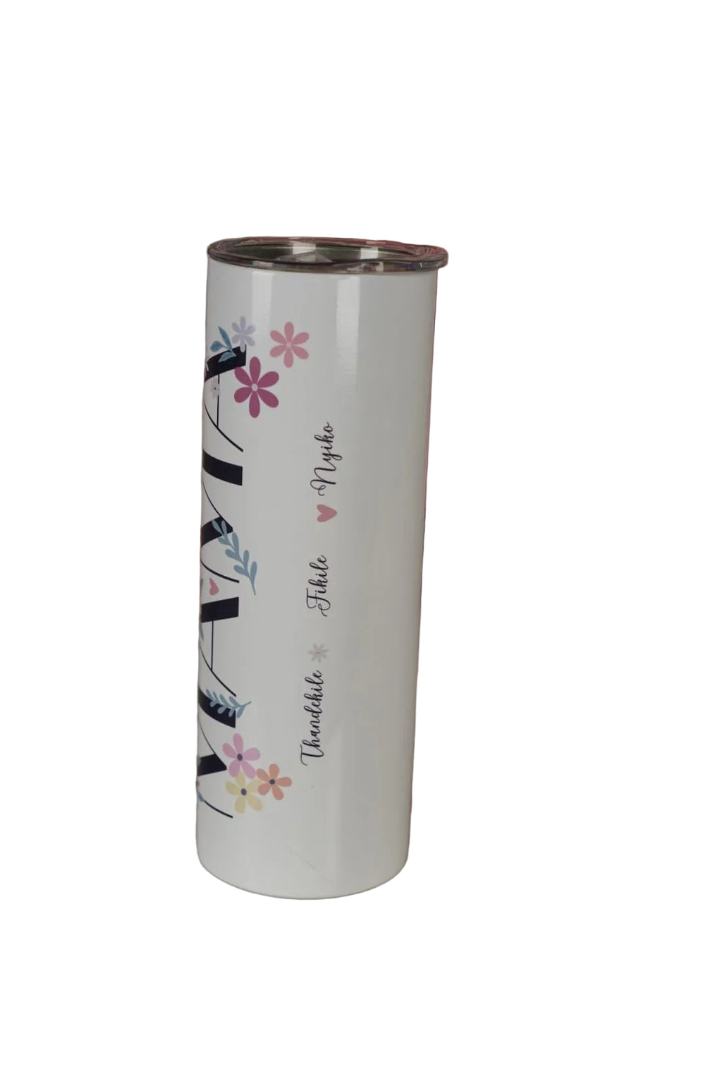 White personalised name tumbler with decorative design and text on a floral-patterned  background side