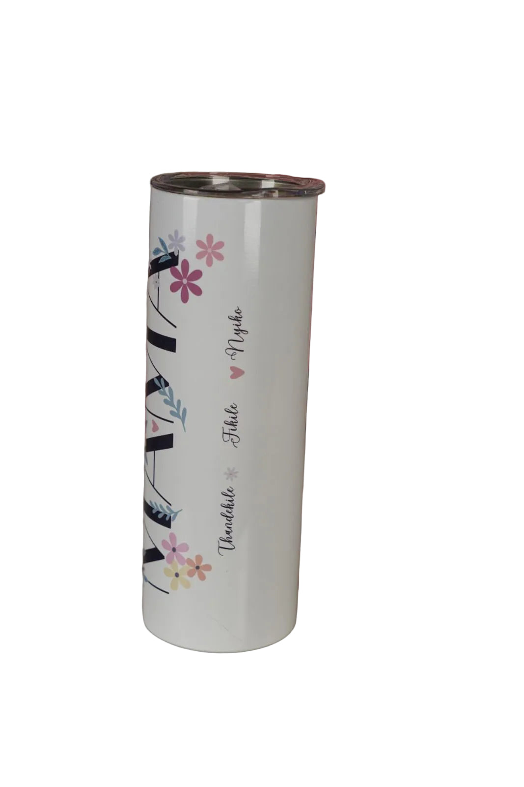 White personalised name tumbler with decorative design and text on a floral-patterned  background side