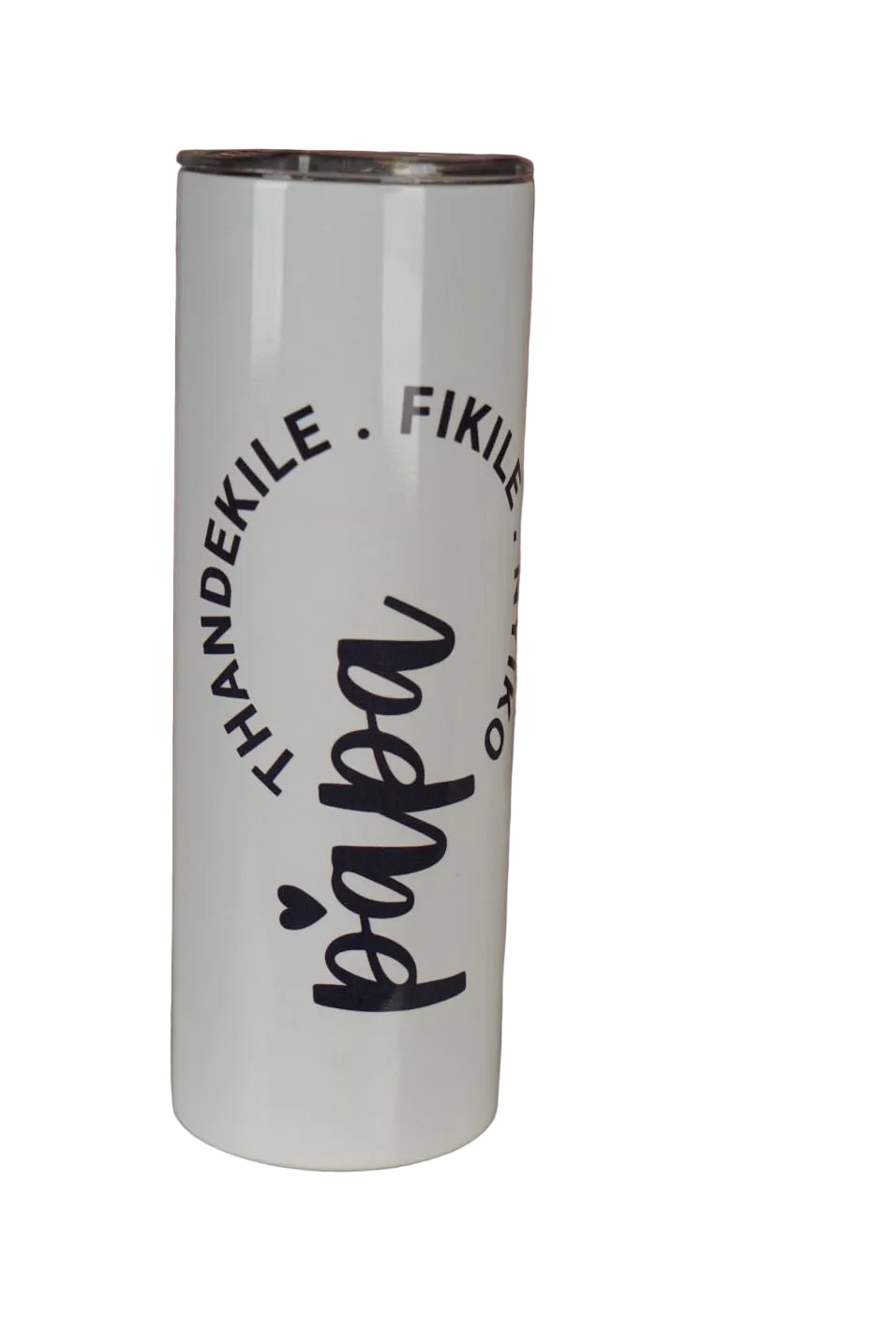 A tall, cylindrical white tumbler featuring the word 'papa' in a black cursive font with a small heart above the 'p' and curved black text reading names' around the upper portion.