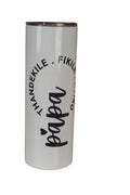 A tall, cylindrical white tumbler featuring the word 'papa' in a black cursive font with a small heart above the 'p' and curved black text reading names' around the upper portion.
