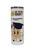 Tumbler with cartoon character wearing graduation hat and text on white background