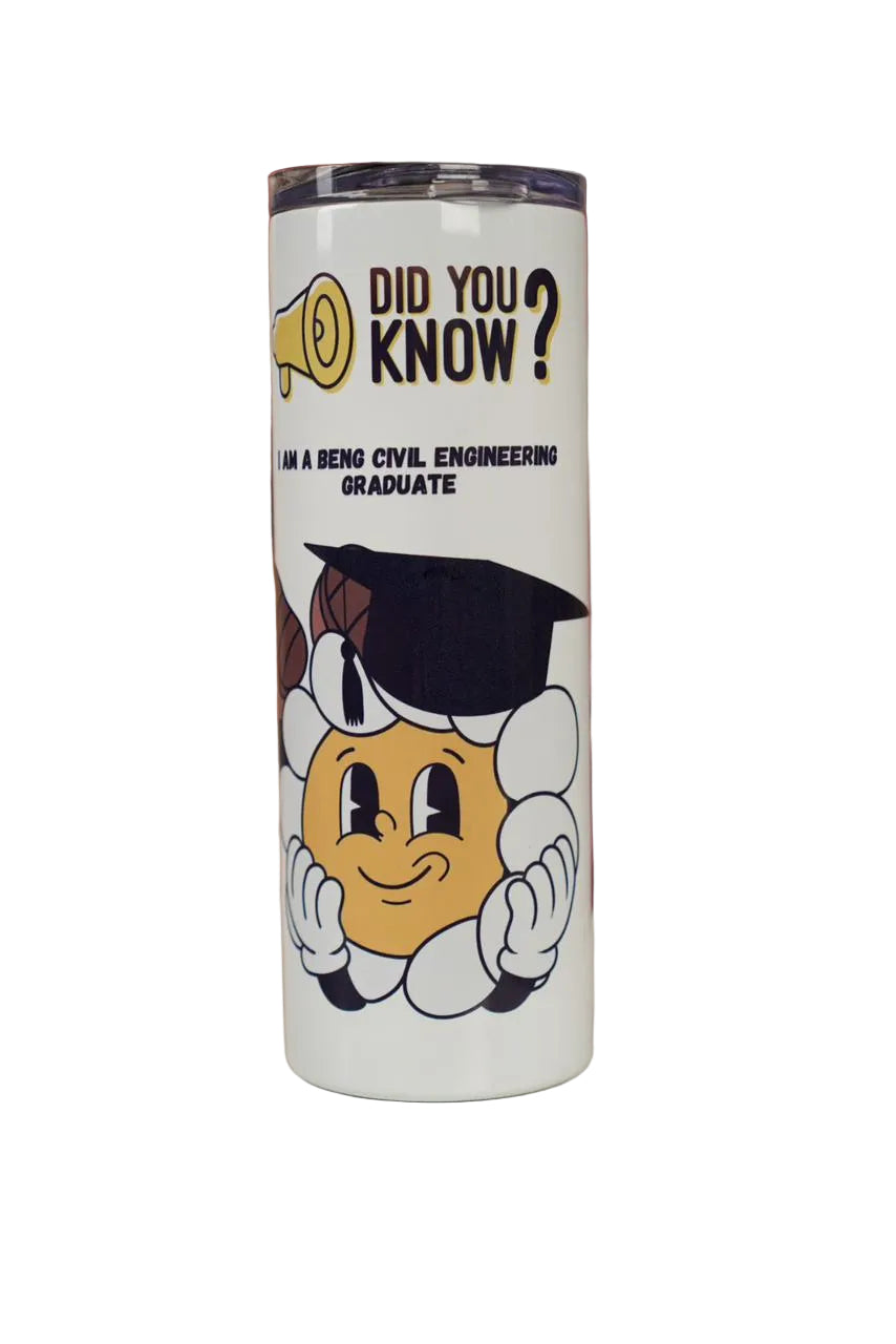 Tumbler with cartoon character wearing graduation hat and text on white background