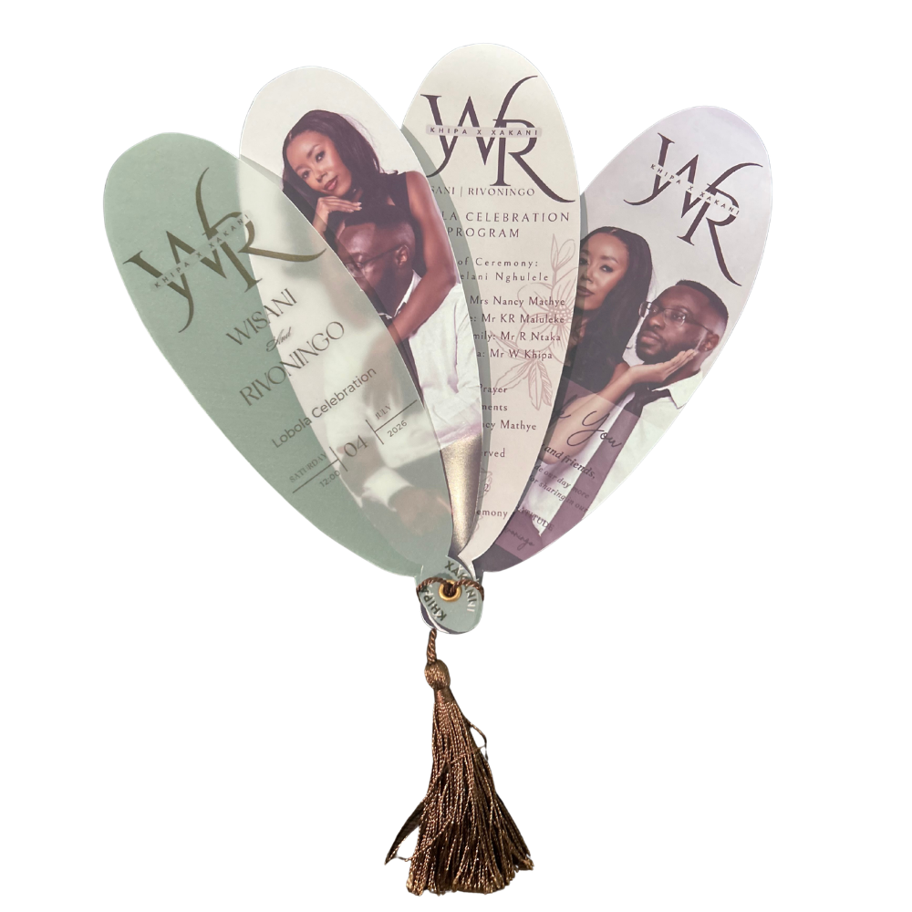 Luxury four-page personalised lobola ceremony program with vellum cover, custom photos and elegant tassel.