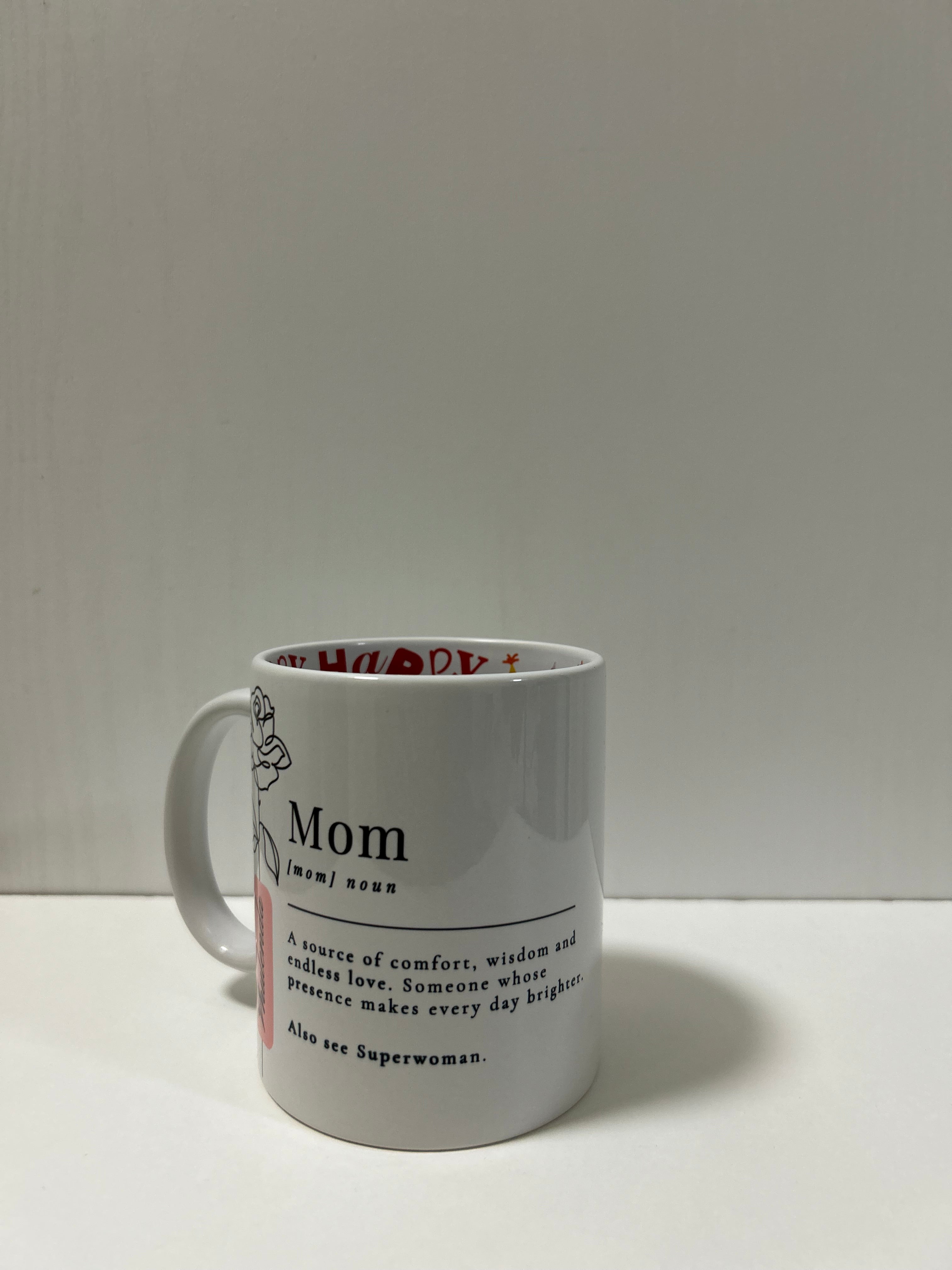Personalised Mom Definition Mug with custom name and floral design, featuring a birthday surprise print inside. Close Up