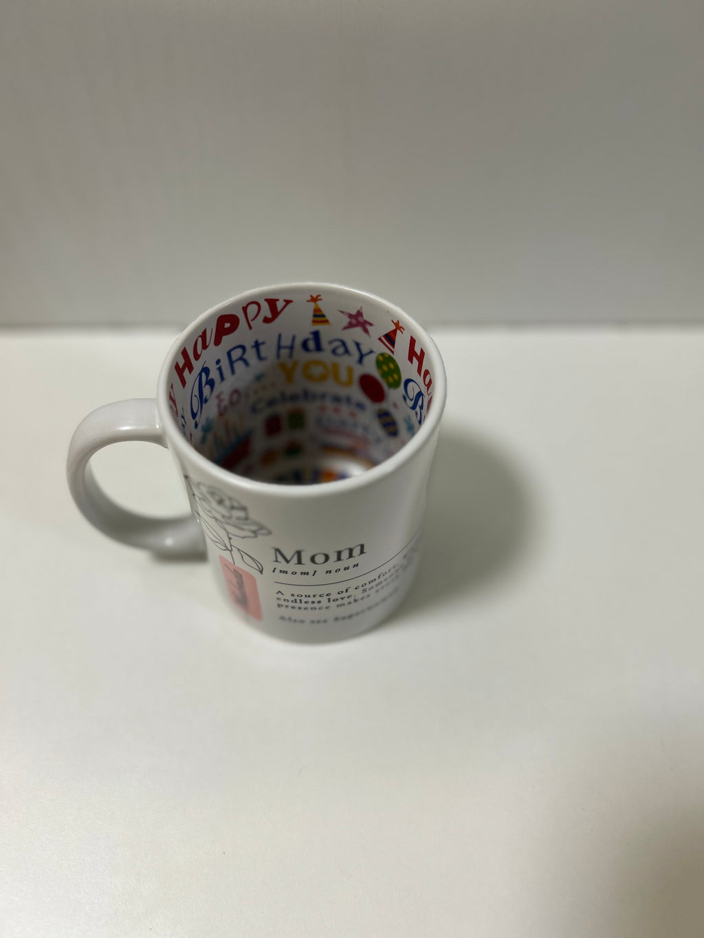 Personalised Mom Definition Mug with custom name and floral design, featuring a birthday surprise print inside. Inside Print