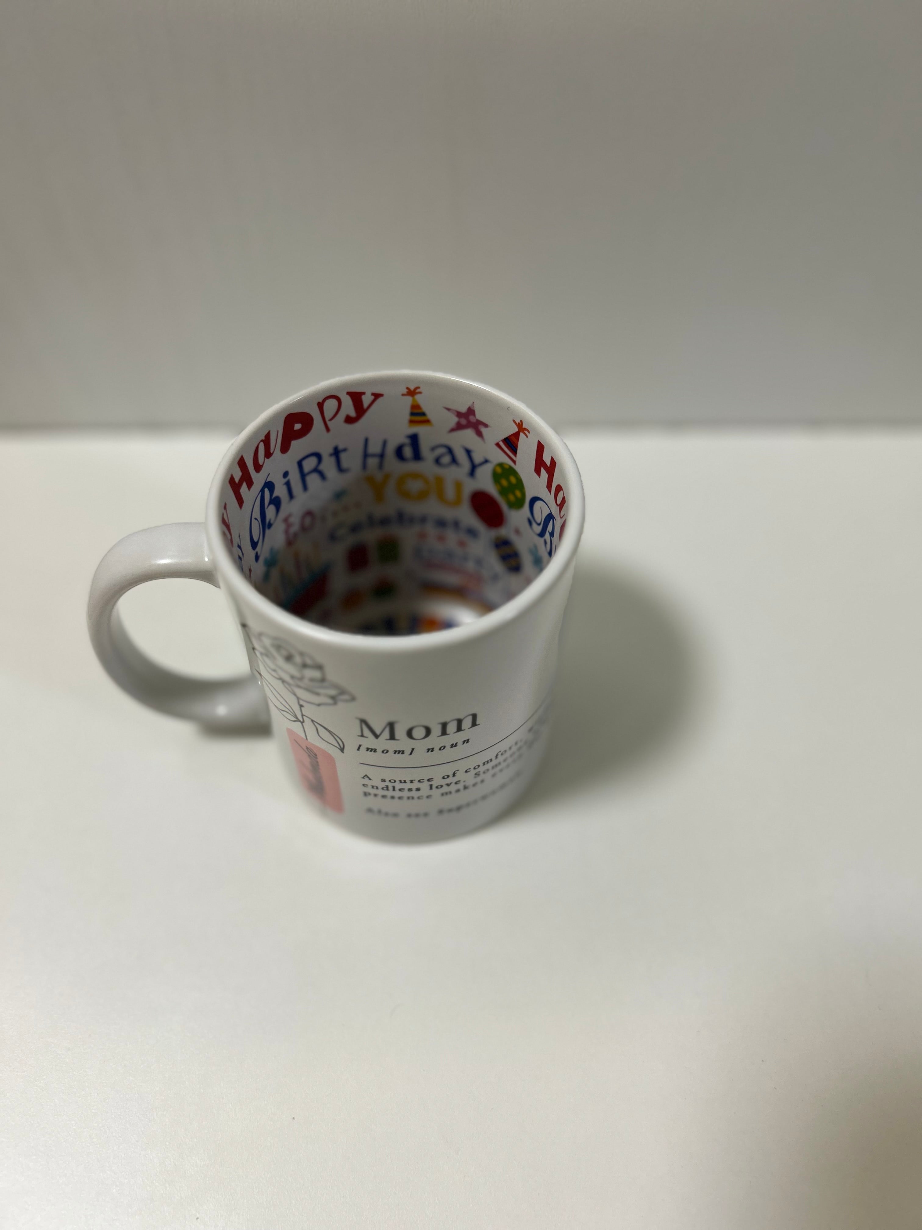 Personalised Mom Definition Mug with custom name and floral design, featuring a birthday surprise print inside. Inside Print
